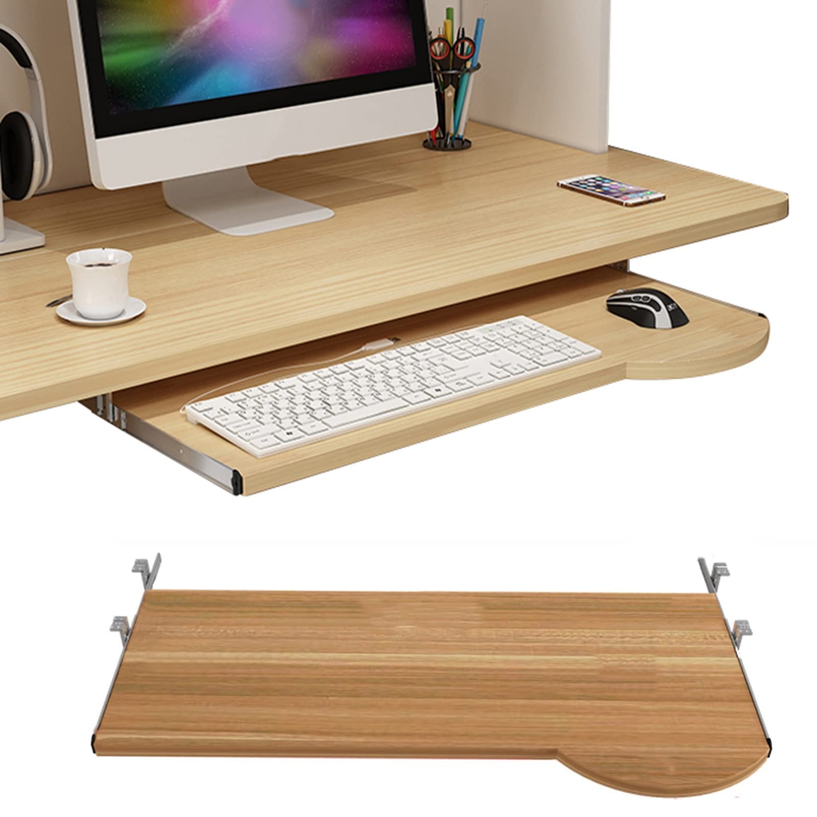 V3VOGUE Wooden Keyboard Tray Under Desk Push-Pull Keyboard Holder - Ergonomic Desk Extender Bracket 600/700x260mm, Improve Sitting Posture, Protection Eyesight, Slide Keyboard Drawer