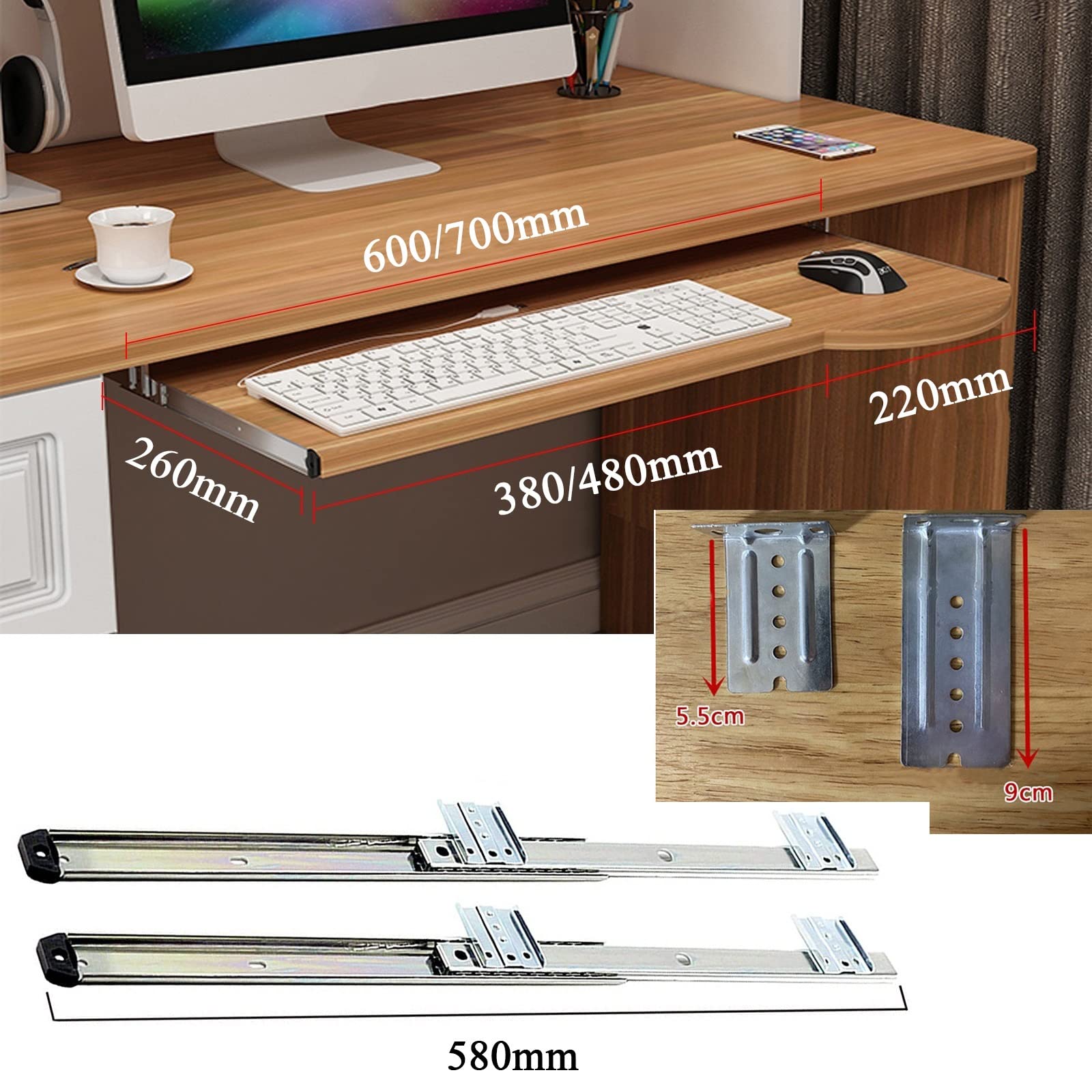 V3VOGUE Wooden Keyboard Tray Under Desk Push-Pull Keyboard Holder - Ergonomic Desk Extender Bracket 600/700x260mm, Improve Sitting Posture, Protection Eyesight, Slide Keyboard Drawer