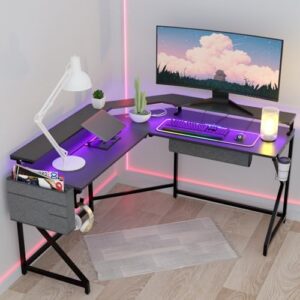 L Shaped Gaming Desk with Power Outlets, 51.5" Computer Desk with Cup Holder and Headphone Holder,Corner Desk Home Office Desk with Glowing Mouse Pad，Black