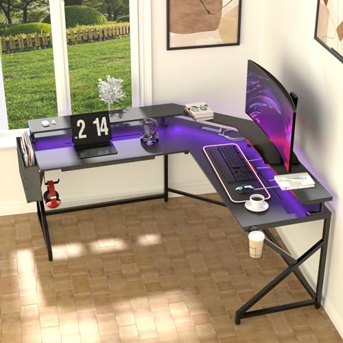 L Shaped Gaming Desk with Power Outlets, 51.5" Computer Desk with Cup Holder and Headphone Holder,Corner Desk Home Office Desk with Glowing Mouse Pad，Black