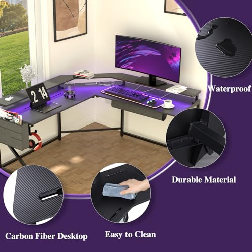 L Shaped Gaming Desk with Power Outlets, 51.5" Computer Desk with Cup Holder and Headphone Holder,Corner Desk Home Office Desk with Glowing Mouse Pad，Black