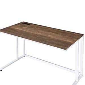 Knocbel 47in Contemporary Computer Desk with Built-in USB Port and Sockets, Home Office Workstation Writing Table with Metal Frame (Walnut and White)