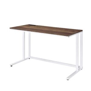 Knocbel 47in Contemporary Computer Desk with Built-in USB Port and Sockets, Home Office Workstation Writing Table with Metal Frame (Walnut and White)