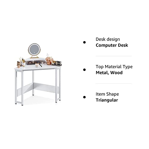 ODK Corner Desk Space Saving Small Desk with Sturdy Steel Frame, Computer Desk with Monitor Stand for Small Space, Easy Assembly Triangle Vanity Desk with Durable Wooden Desktop (White)