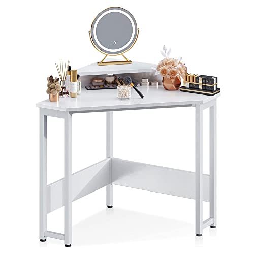 ODK Corner Desk Space Saving Small Desk with Sturdy Steel Frame, Computer Desk with Monitor Stand for Small Space, Easy Assembly Triangle Vanity Desk with Durable Wooden Desktop (White)