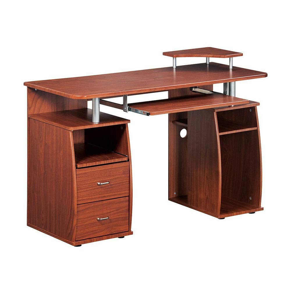 Thaweesuk Shop Mahogany Modern Computer Table Desk with 2 Storage Drawers Pullout Keyboard Tray Furniture Heavy-Duty Engineered Wood Panels MDF 48’’ x 22’’ x 30’’ (WxDxH) of Set