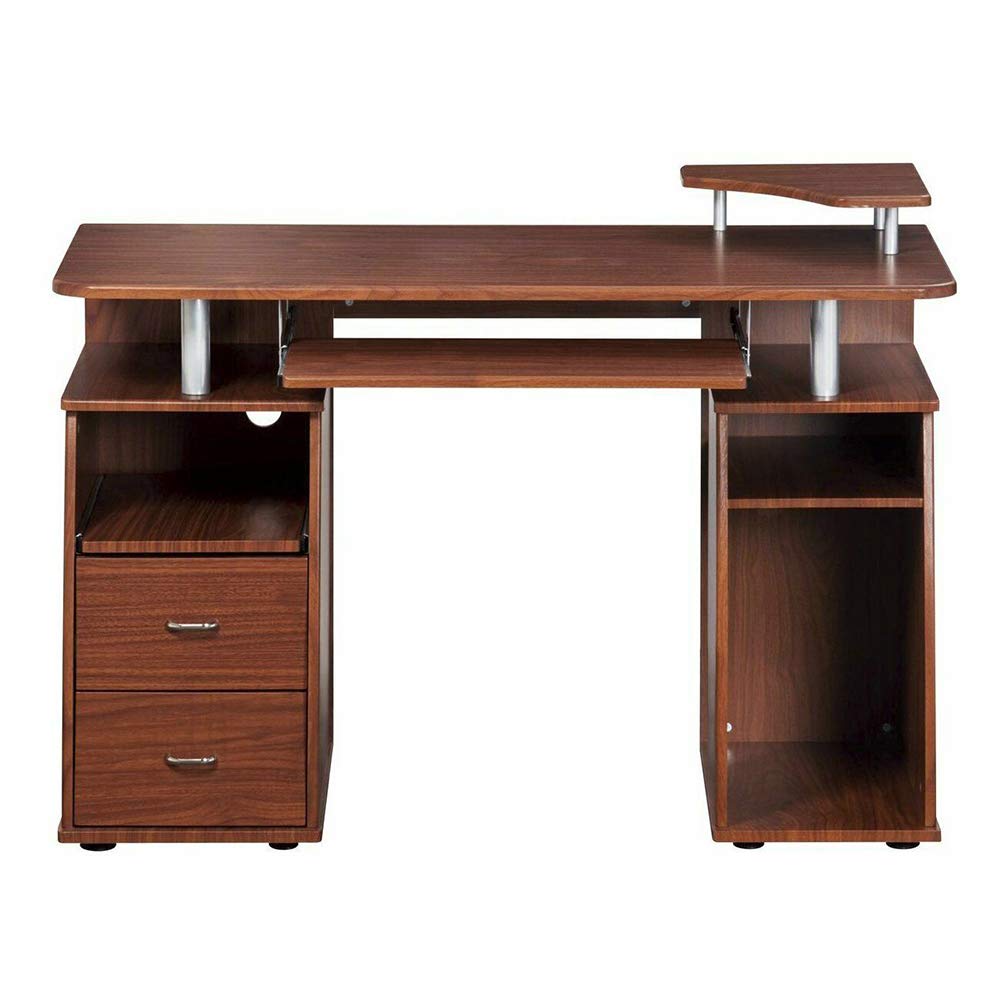 Thaweesuk Shop Mahogany Modern Computer Table Desk with 2 Storage Drawers Pullout Keyboard Tray Furniture Heavy-Duty Engineered Wood Panels MDF 48’’ x 22’’ x 30’’ (WxDxH) of Set