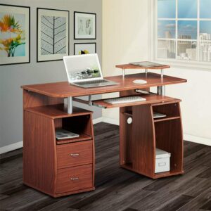 Thaweesuk Shop Mahogany Modern Computer Table Desk with 2 Storage Drawers Pullout Keyboard Tray Furniture Heavy-Duty Engineered Wood Panels MDF 48’’ x 22’’ x 30’’ (WxDxH) of Set