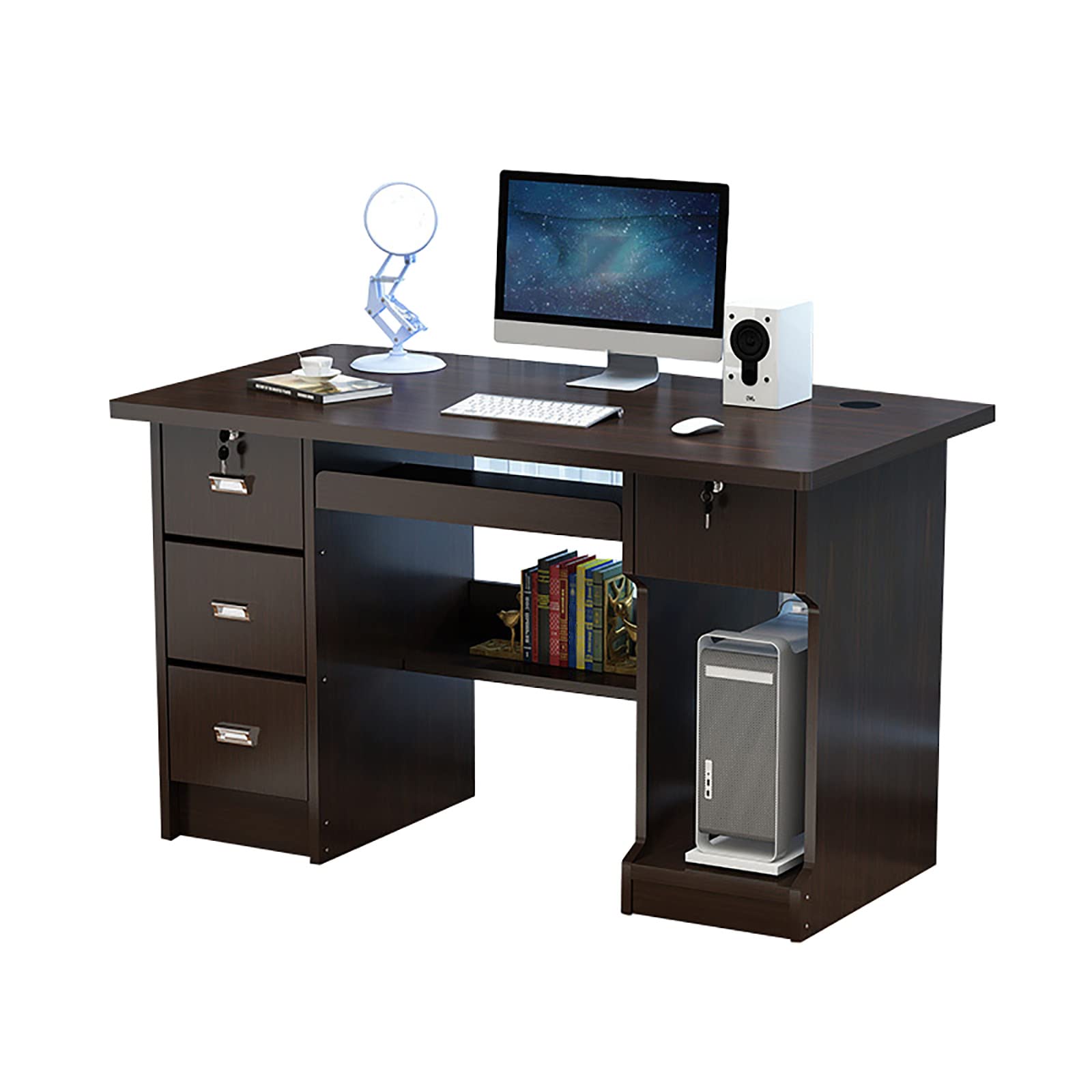 Computer Desk with Lock and Drawers, Writing Desk for Students, Desk for Adults, Wooden Home Office Desk, Teak Color and Black