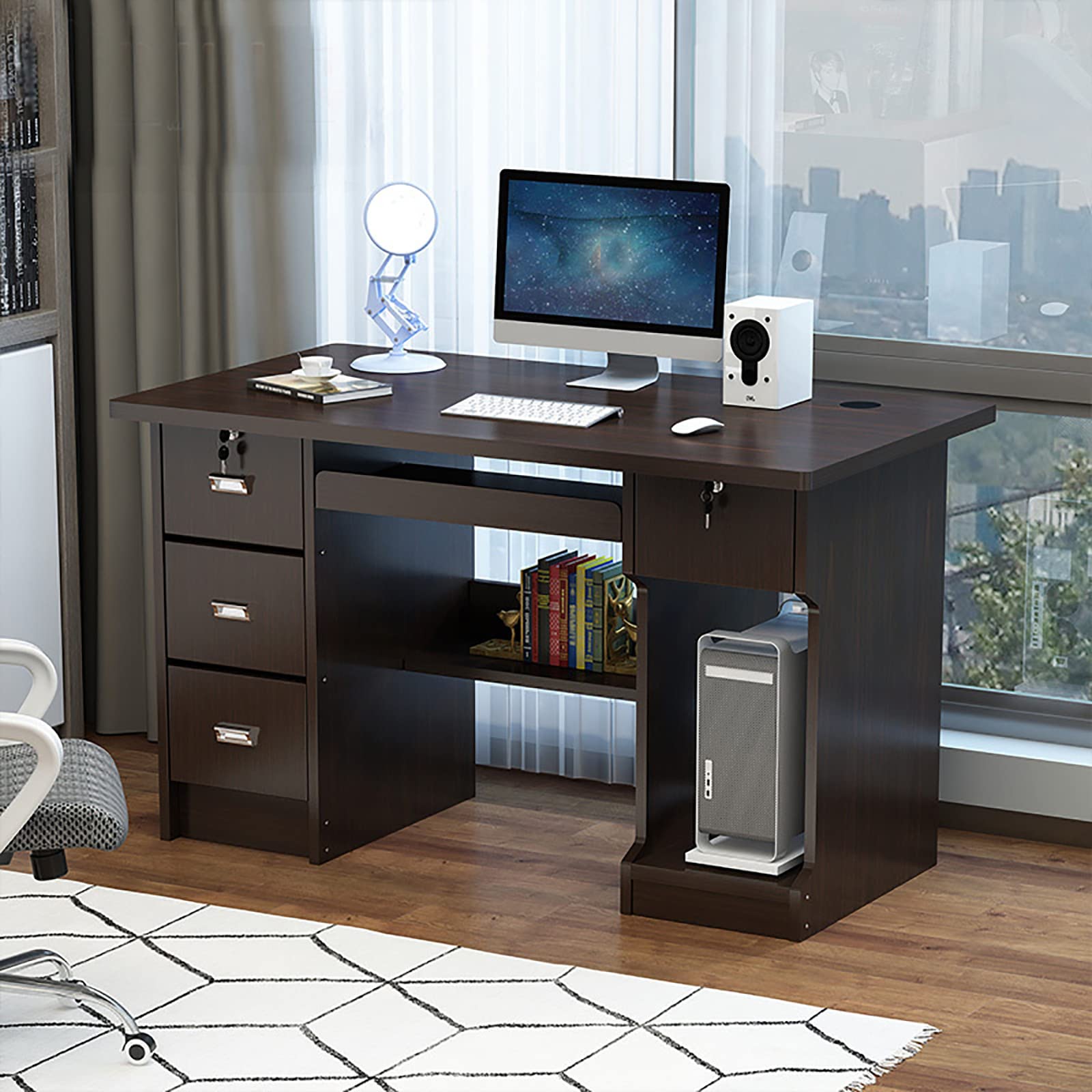 Computer Desk with Lock and Drawers, Writing Desk for Students, Desk for Adults, Wooden Home Office Desk, Teak Color and Black