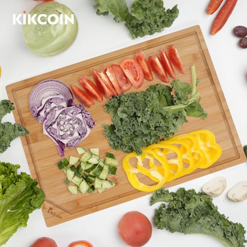Bamboo Cutting Boards for Kitchen, Extra Large Wood Cutting Board with Deep Juice Groove and Handle Heavy Duty Chopping board, Kikcoin, 17.6" x 12"