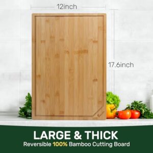 Bamboo Cutting Boards for Kitchen, Extra Large Wood Cutting Board with Deep Juice Groove and Handle Heavy Duty Chopping board, Kikcoin, 17.6" x 12"
