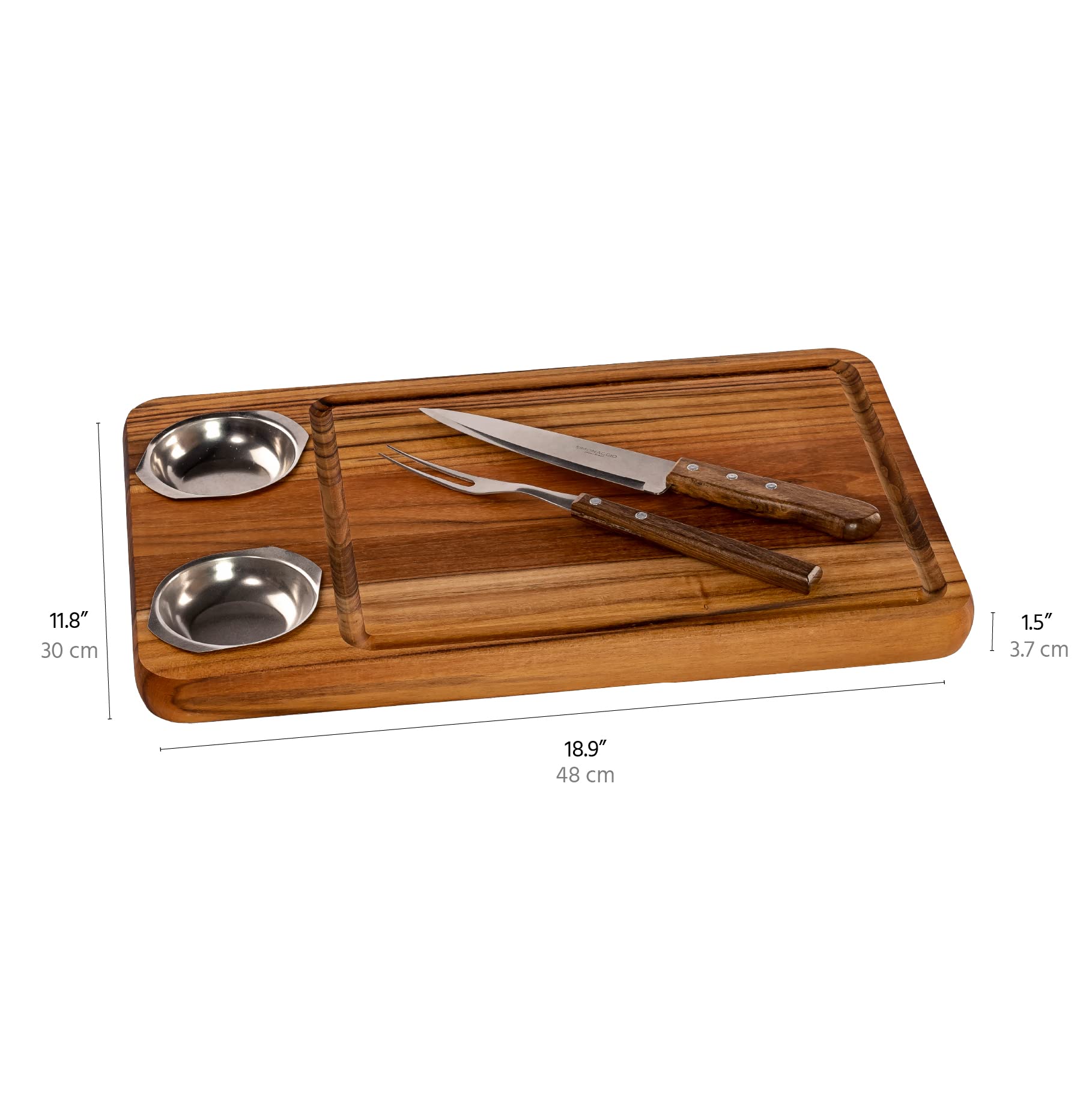 meistar Large End Grain Teak Wood Cutting Board. Thick Butcher Block for Kitchen, Brisket and BBQ with Stainless Steel Tray and Juice Groove (Teak Wood + 2 Bowls + BBQ Knife & Fork, X-Large)