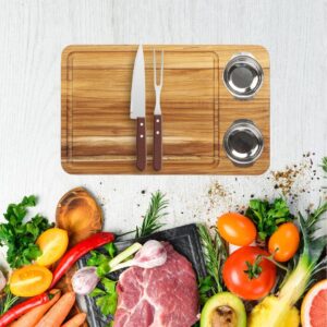 meistar Large End Grain Teak Wood Cutting Board. Thick Butcher Block for Kitchen, Brisket and BBQ with Stainless Steel Tray and Juice Groove (Teak Wood + 2 Bowls + BBQ Knife & Fork, X-Large)