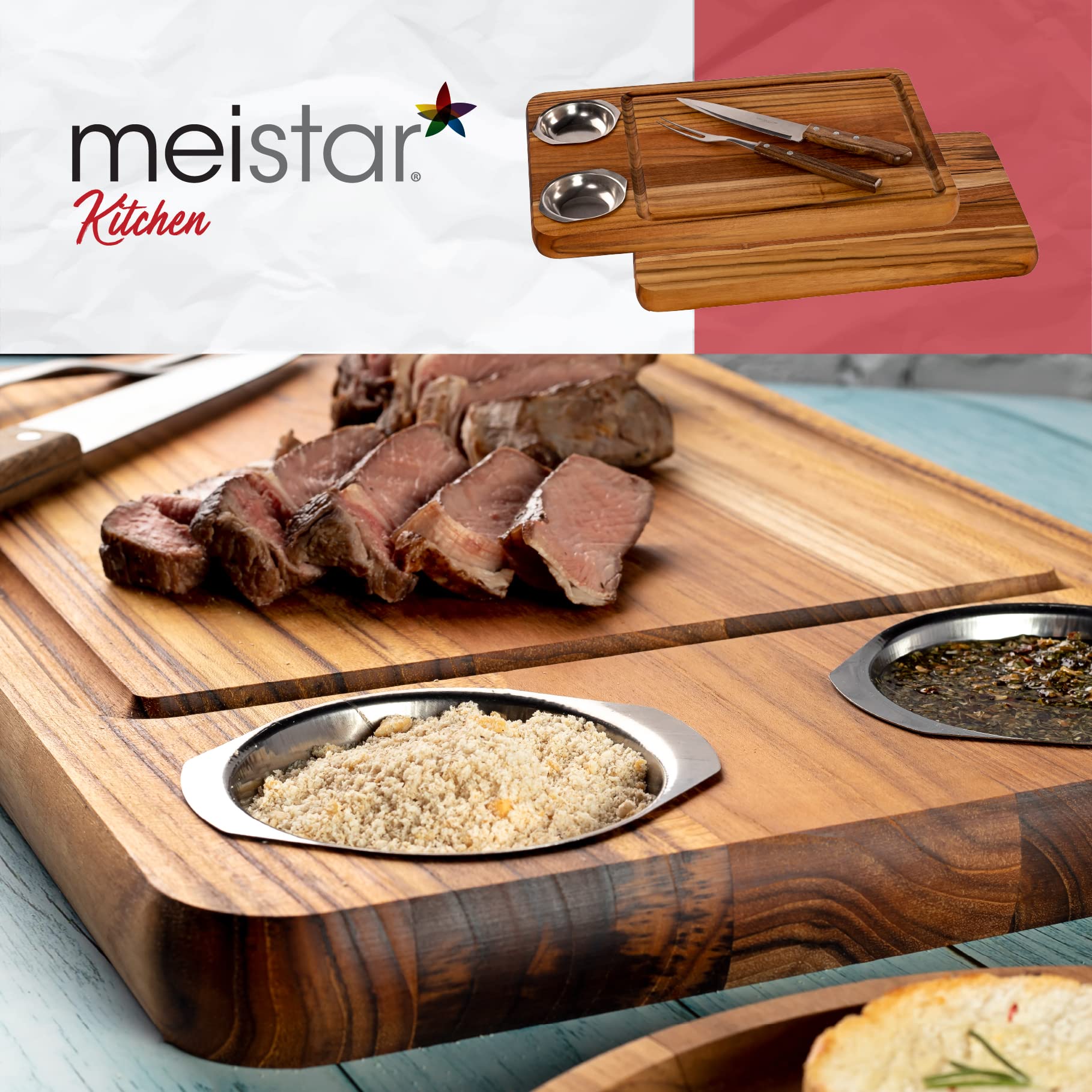 meistar Large End Grain Teak Wood Cutting Board. Thick Butcher Block for Kitchen, Brisket and BBQ with Stainless Steel Tray and Juice Groove (Teak Wood + 2 Bowls + BBQ Knife & Fork, X-Large)