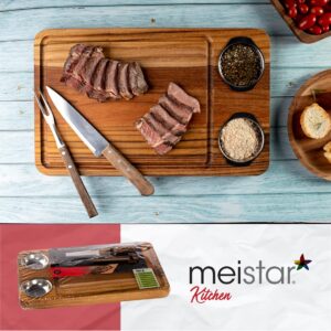 meistar Large End Grain Teak Wood Cutting Board. Thick Butcher Block for Kitchen, Brisket and BBQ with Stainless Steel Tray and Juice Groove (Teak Wood + 2 Bowls + BBQ Knife & Fork, X-Large)