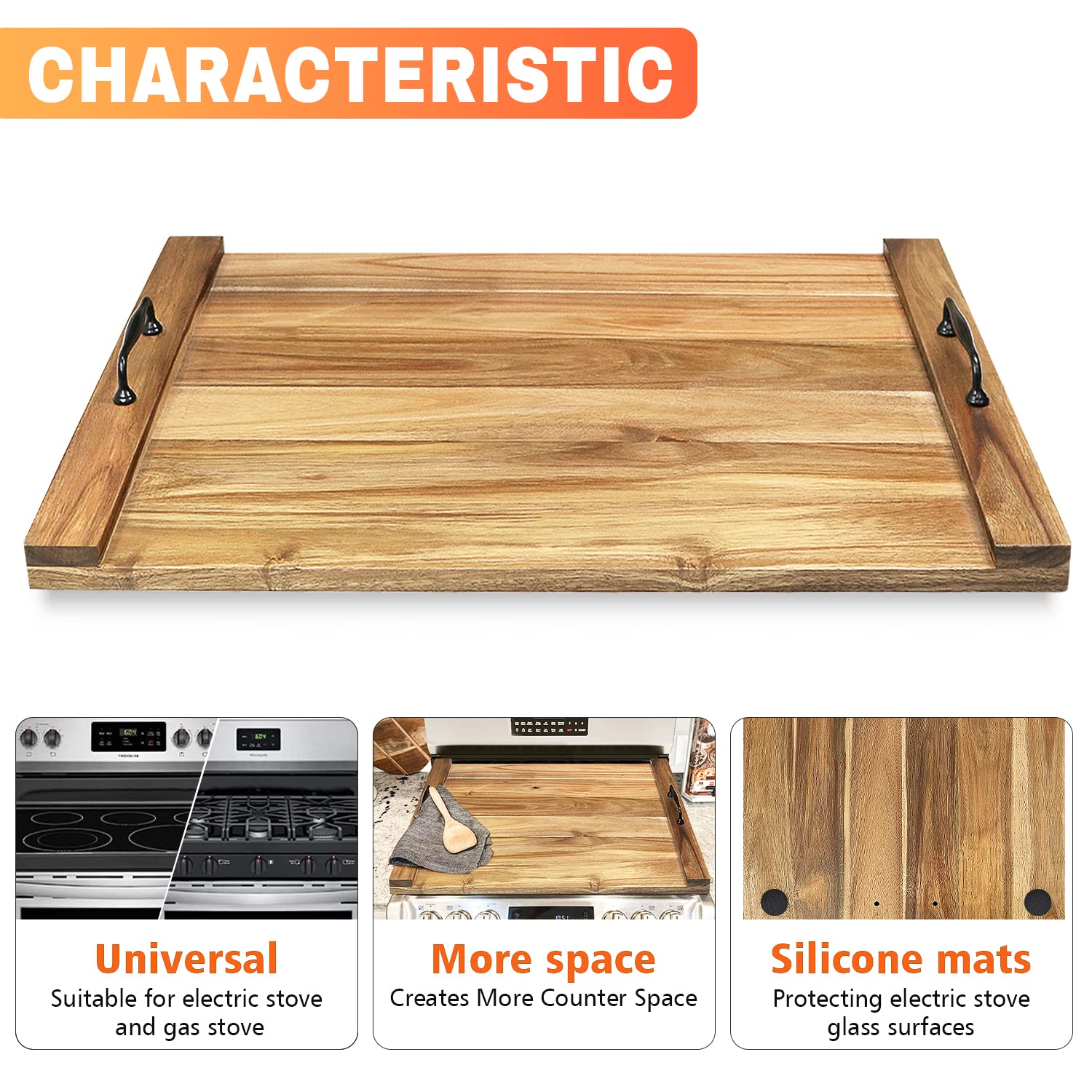 GASHELL Noodle Board Stove Cover with Handles for Electric, Gas Stove Top (Acacia Wood)