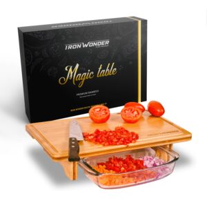 "magic table" bamboo cutting board: "the unique multifunctional solution for a kitchen without limits" - chopping butcher block - wooden cutting board for kitchen, elevated design with tray space.