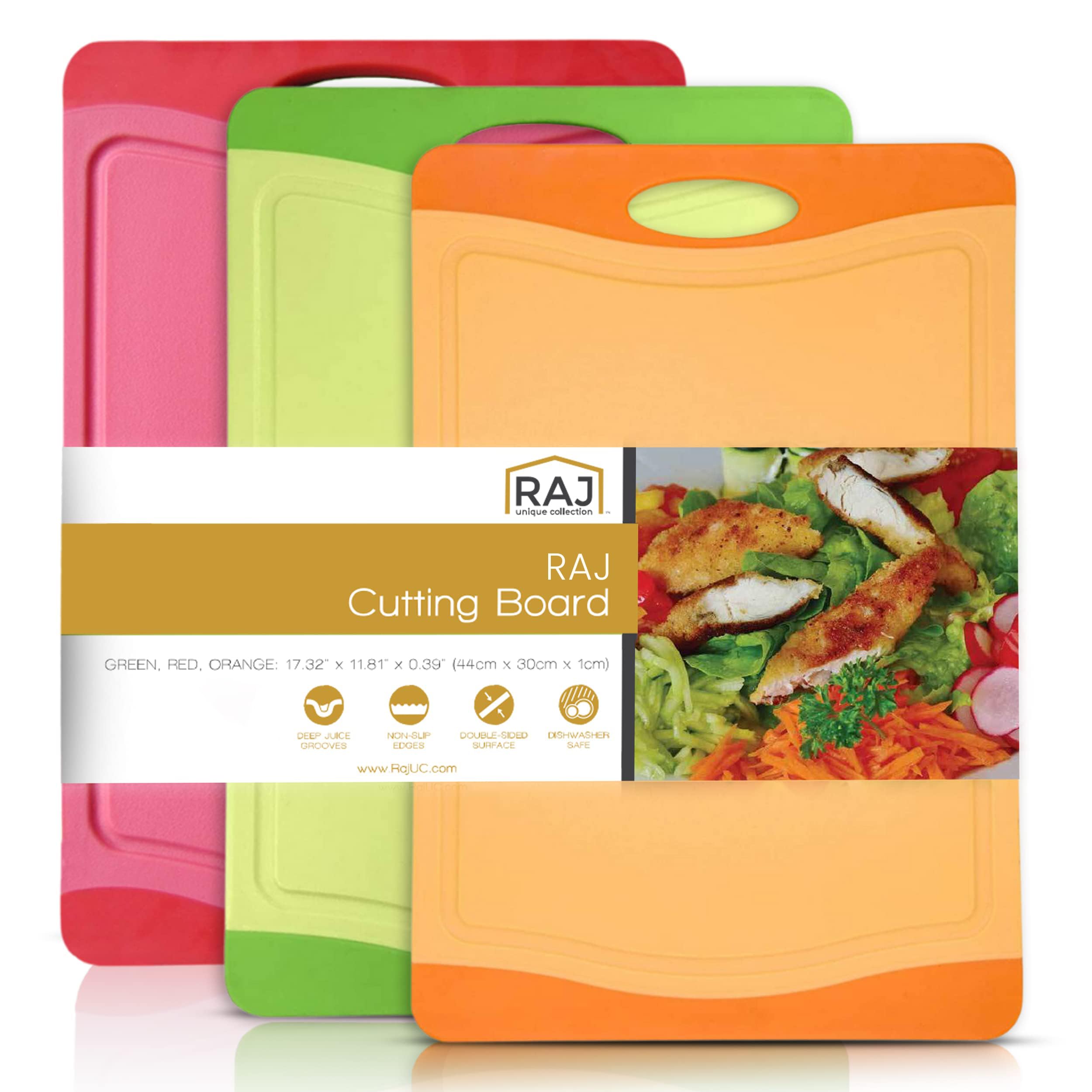 Raj Plastic Cutting Board Reversible Cutting board, Dishwasher Safe, Chopping Boards, Juice Groove, Large Handle, Non-Slip, BPA Free (X-Large, Red, Green & Orange)