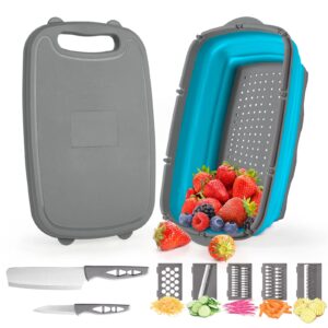 Gintan Camping Cutting Board, 9-in-1 Collapsible Chopping Board with Colander, Gifts for Campers Happy Camper,Camping Accessories for RV Campers(Blue+Grey)