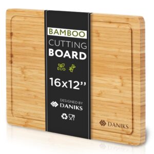 Daniks 100% Organic Bamboo Cutting Board for Kitchen | Heavy Duty Wood Chopping Board | Extra-Thick Cutting Board for Serving, Meat and Veggies | 16x12"