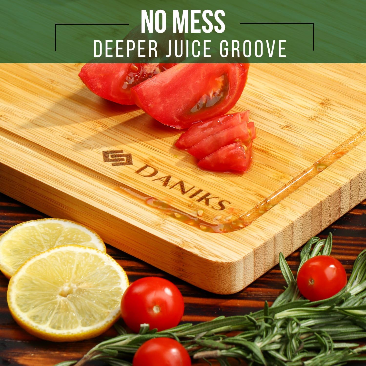 Daniks 100% Organic Bamboo Cutting Board for Kitchen | Heavy Duty Wood Chopping Board | Extra-Thick Cutting Board for Serving, Meat and Veggies | 16x12"