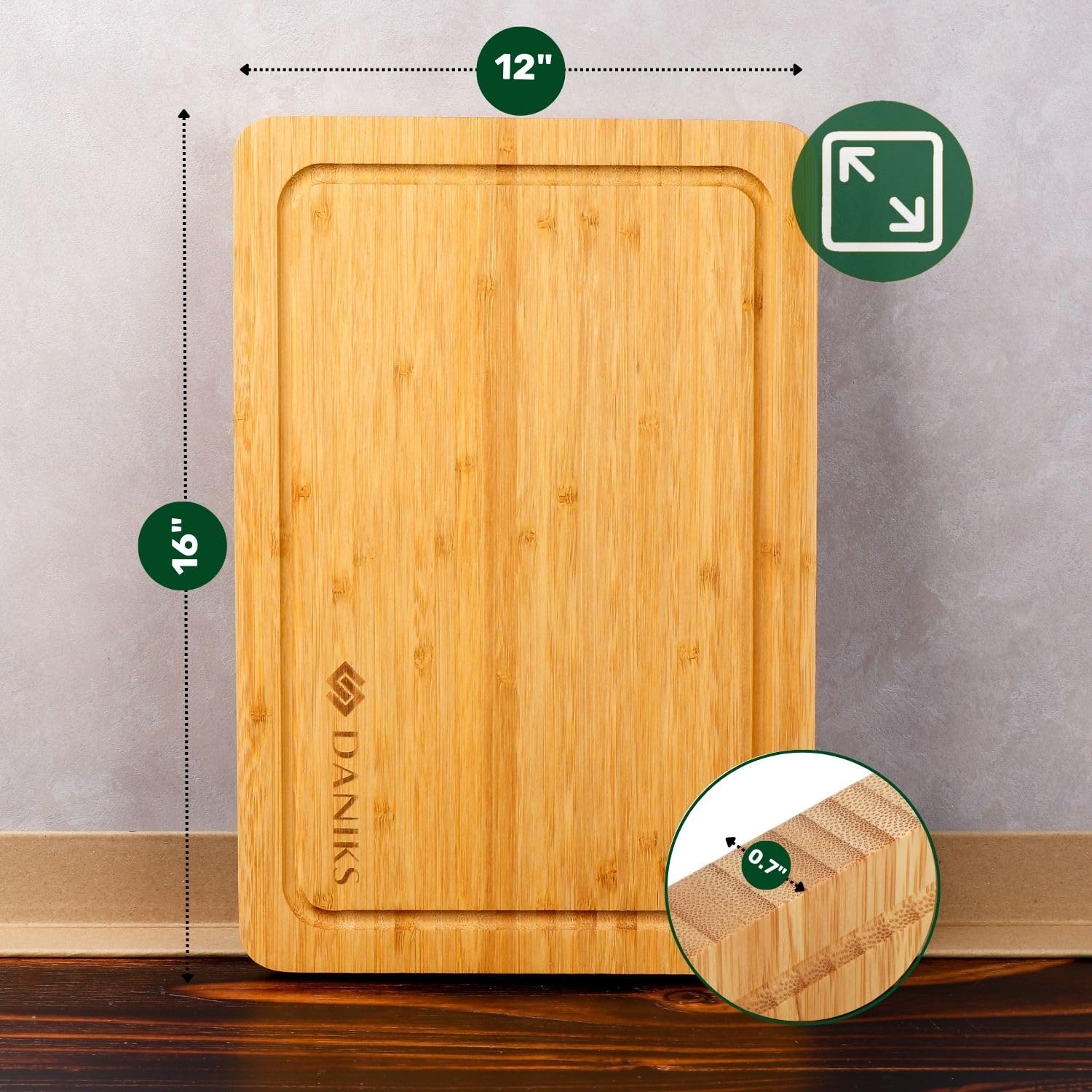 Daniks 100% Organic Bamboo Cutting Board for Kitchen | Heavy Duty Wood Chopping Board | Extra-Thick Cutting Board for Serving, Meat and Veggies | 16x12"