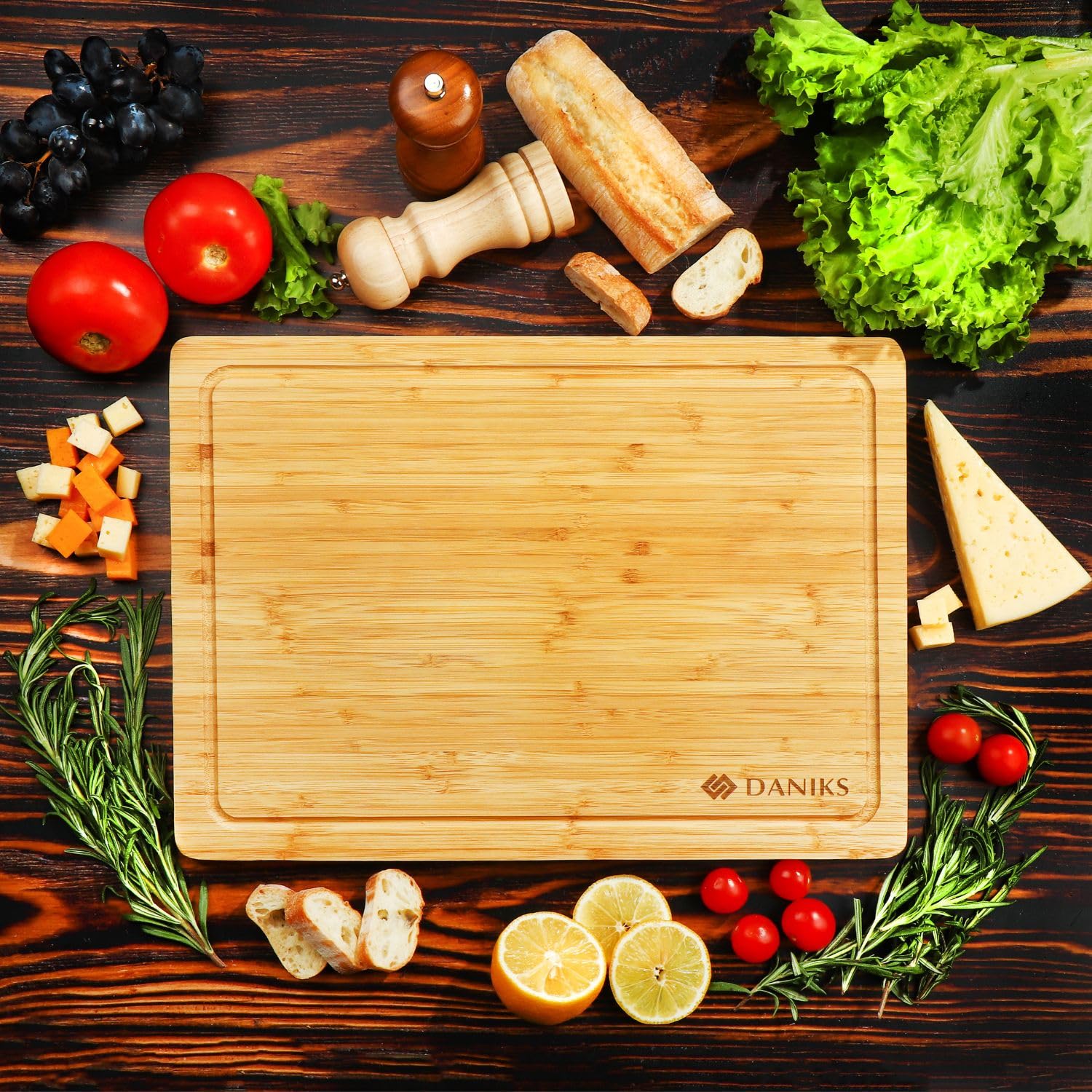 Daniks 100% Organic Bamboo Cutting Board for Kitchen | Heavy Duty Wood Chopping Board | Extra-Thick Cutting Board for Serving, Meat and Veggies | 16x12"