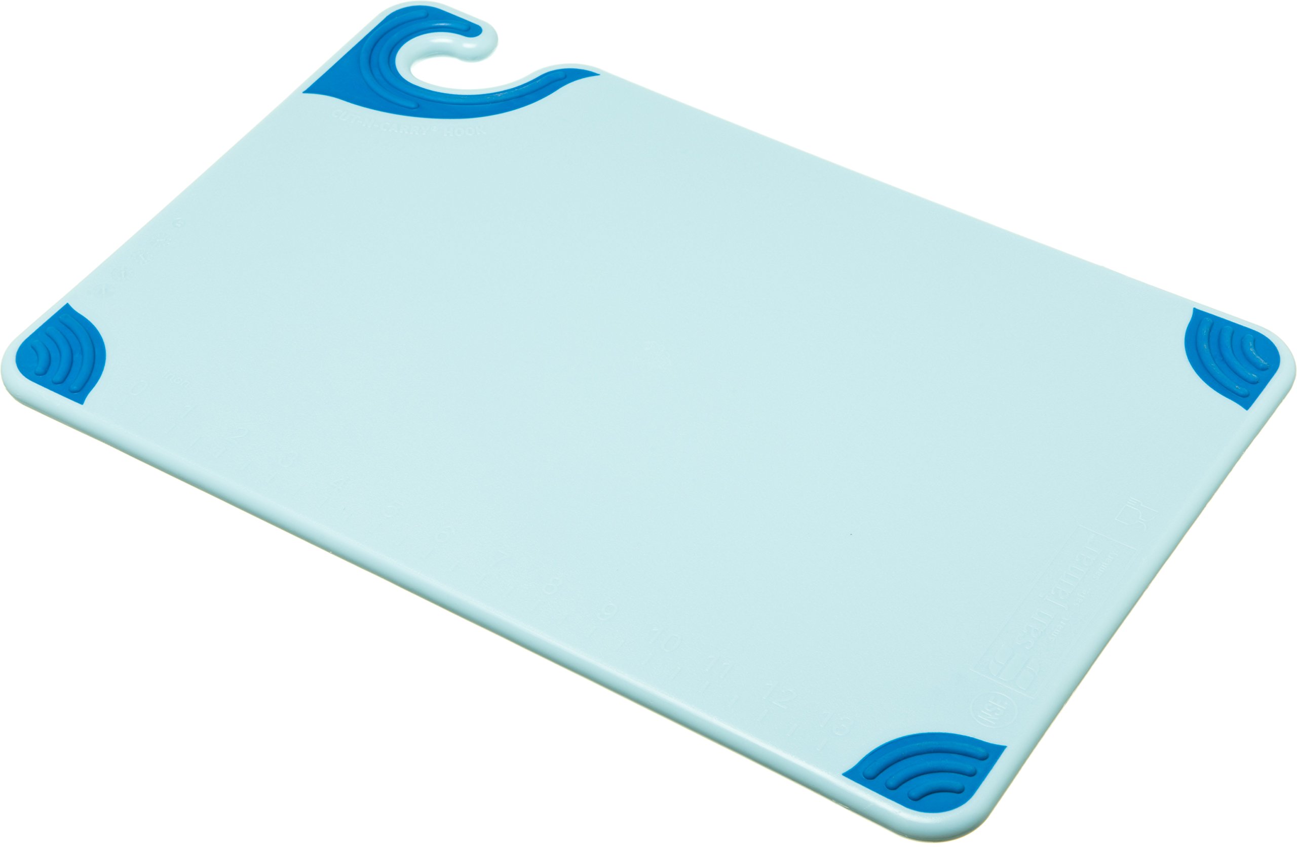 San Jamar Saf-T-Grip Plastic Cutting Board with Safety Hook, 12" x 18" x 0.5", Blue