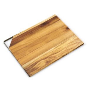 american atelier’s acacia wood cutting board with metal accent | large chopping board | serving tray for cheese, meats, charcuterie boards | 15.82” x 11.88”