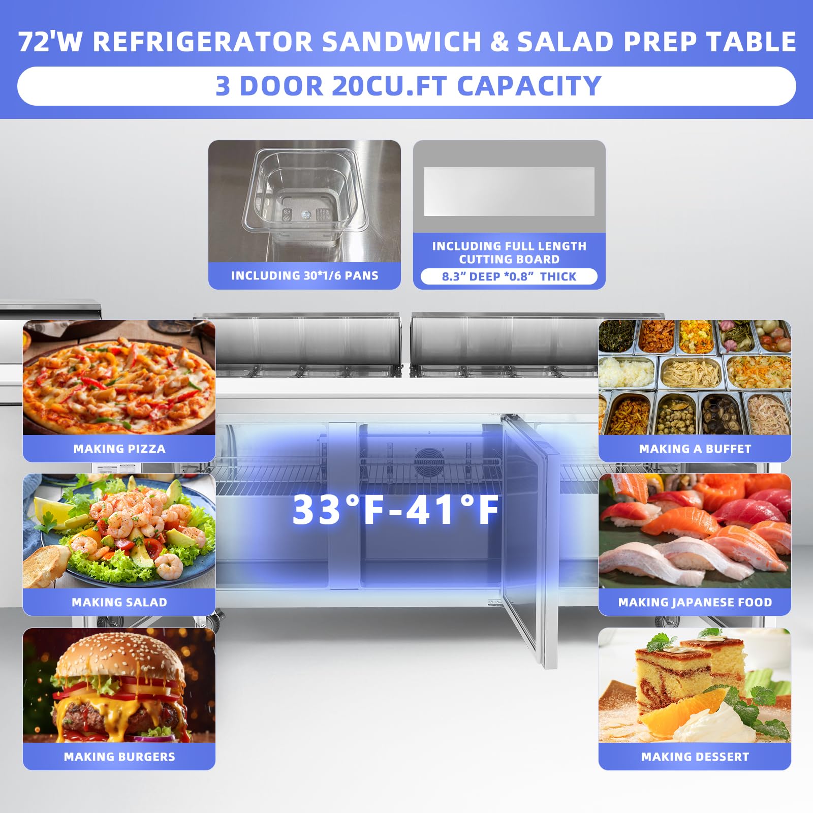 JINSONG 72" Refrigerator Sandwich & Salad Prep Table, Stainless Steel Refrigerated Food Prep Station, 20 cu. ft with Cutting Board and 30 Pans for Restaurants, Bar, Shops, etc