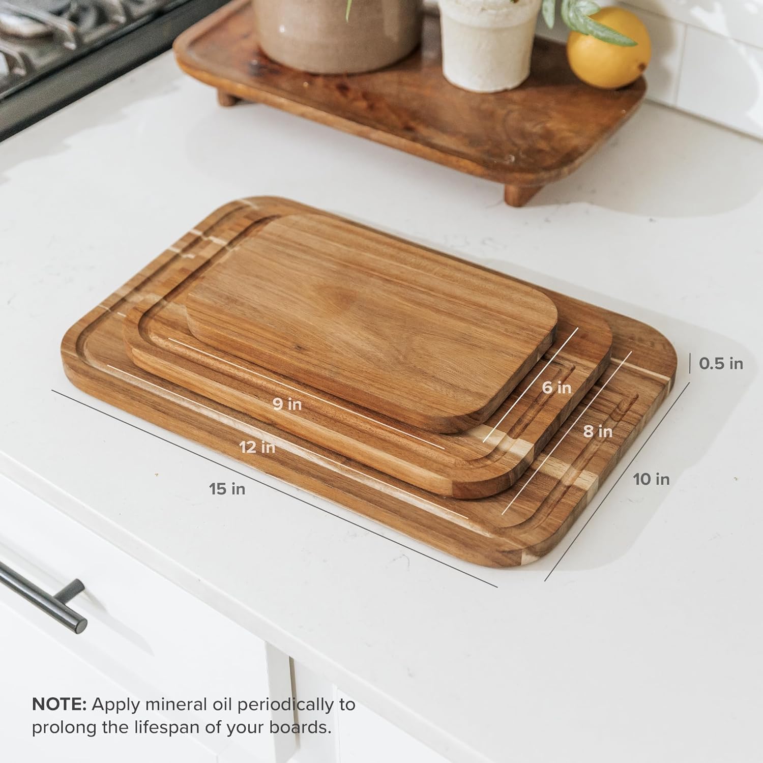 KitchenEdge Premium Acacia Wood Cutting Board Set of 3, Juice Groove and Non-Slip Feet, Thick Wood Trays for cheese, vegetables, meat, fruit, Heavy Duty Construction, Pre Oiled (9x6, 12x8, 15x10 inch)