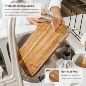 KitchenEdge Premium Acacia Wood Cutting Board Set of 3, Juice Groove and Non-Slip Feet, Thick Wood Trays for cheese, vegetables, meat, fruit, Heavy Duty Construction, Pre Oiled (9x6, 12x8, 15x10 inch)