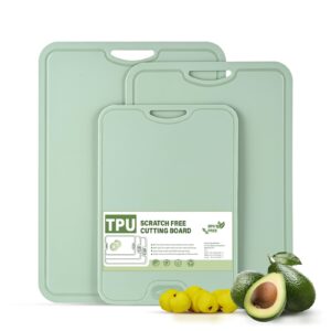 tpu cutting boards for kitchen, chopping board set of 3, non slip cutting boards with juice groove, knife mark resistant chopping mat, bpa free, dishwasher safe, space saving camping cutting board