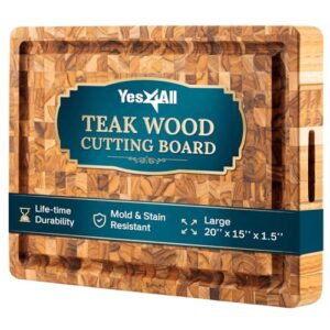 yes4all solid teak cutting boards for kitchen, [20''l x 15''w x 1.5” thick] large end grain butcher block cutting board, food safe surface wood cutting boards with juice grooves and easy grip handle