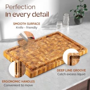 Yes4All Solid Teak Cutting Boards for Kitchen, [20''L x 15''W x 1.5” Thick] Large End Grain Butcher Block Cutting Board, Food Safe Surface Wood Cutting Boards with Juice Grooves and Easy Grip Handle