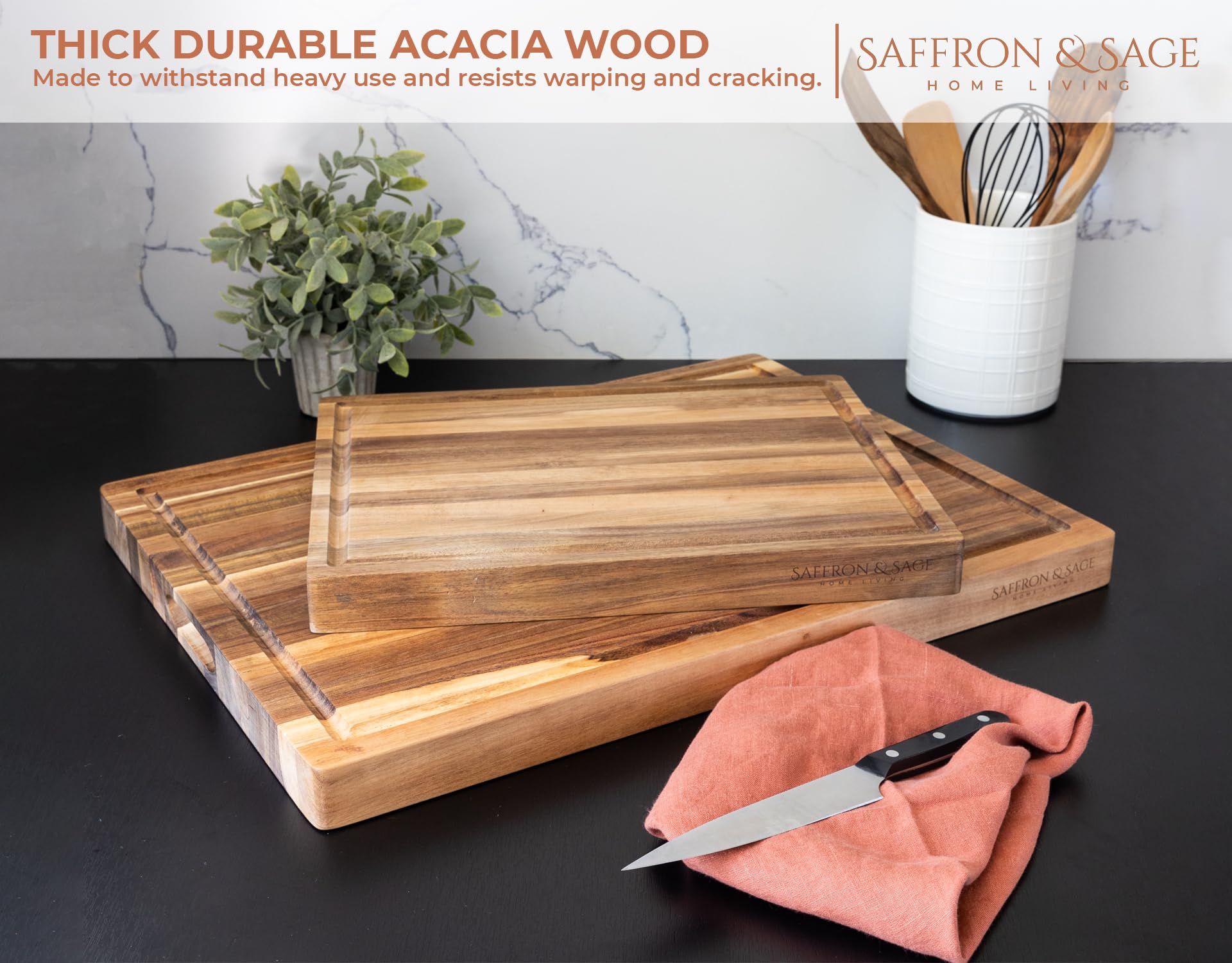 Saffron & Sage Extra Large Wood Cutting Board - Thick 23 x 17 x 1.5 Inch Acacia Wooden Cutting Boards for Kitchen use with Deep Juice Groove, Reversible Chopping Board Doubles as a Charcuterie Board