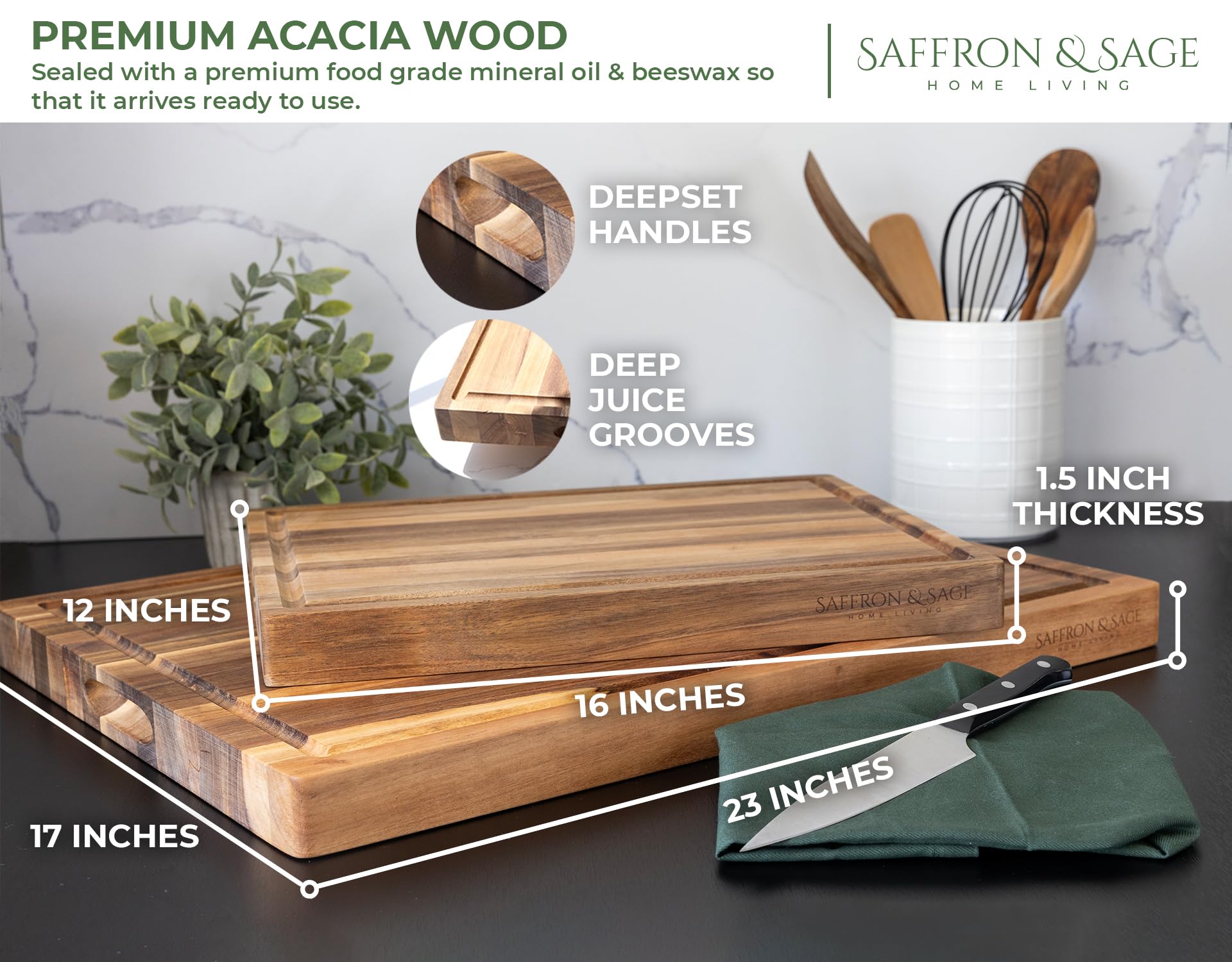 Saffron & Sage Extra Large Wood Cutting Board - Thick 23 x 17 x 1.5 Inch Acacia Wooden Cutting Boards for Kitchen use with Deep Juice Groove, Reversible Chopping Board Doubles as a Charcuterie Board