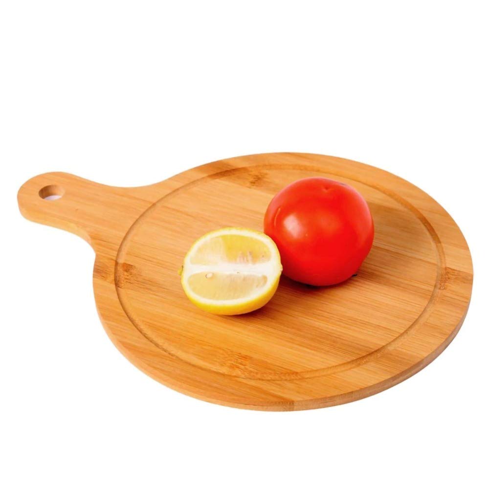 Guojanfon Bamboo Cutting Board,Meat Chopping Boards,Pizza Peel Paddle with Handle for Homemade Baking Pizza Bread Cake Fruit Vegetables (Round-Board)