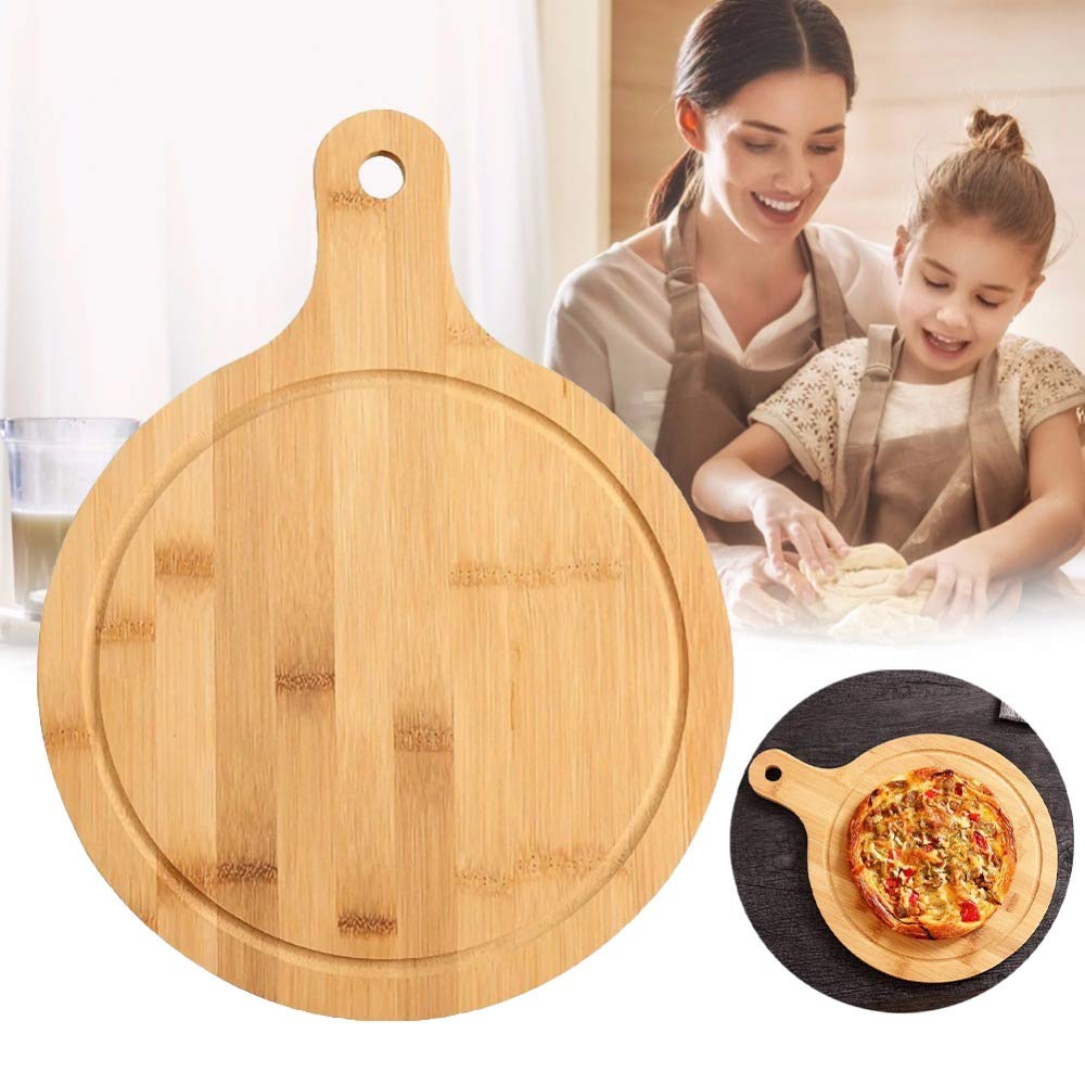 Guojanfon Bamboo Cutting Board,Meat Chopping Boards,Pizza Peel Paddle with Handle for Homemade Baking Pizza Bread Cake Fruit Vegetables (Round-Board)