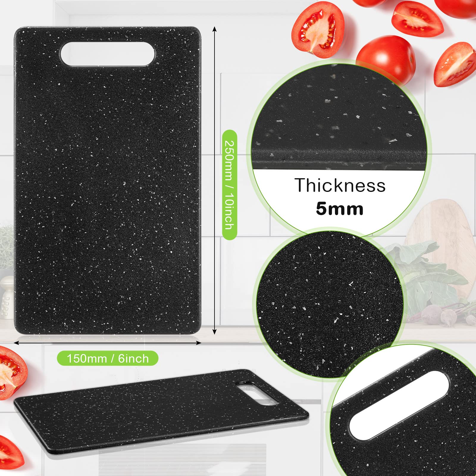 2 Pcs Small Cutting Board for Kitchen Mini Plastic Cutting Board Set Bar Dishwasher Safe Granite Color Cutting Board for Camping Food Fruits Prep Vegetables Easy Grip (Black, 6" x 10")