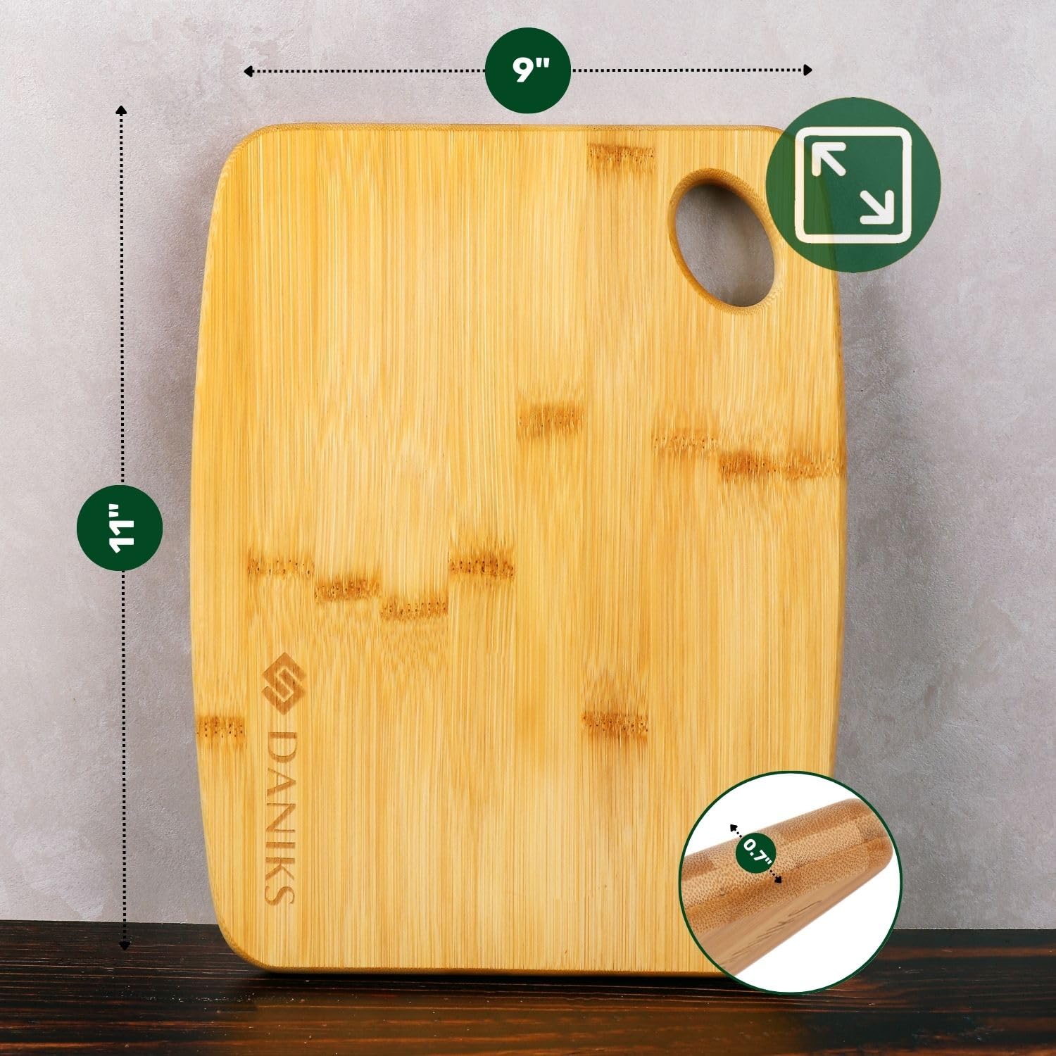 Daniks 100% Organic Bamboo Cutting Board for Kitchen | Heavy Duty Wood Chopping Board | Extra-Thick Cutting Board for Serving, Meat and Veggies | 11x9"