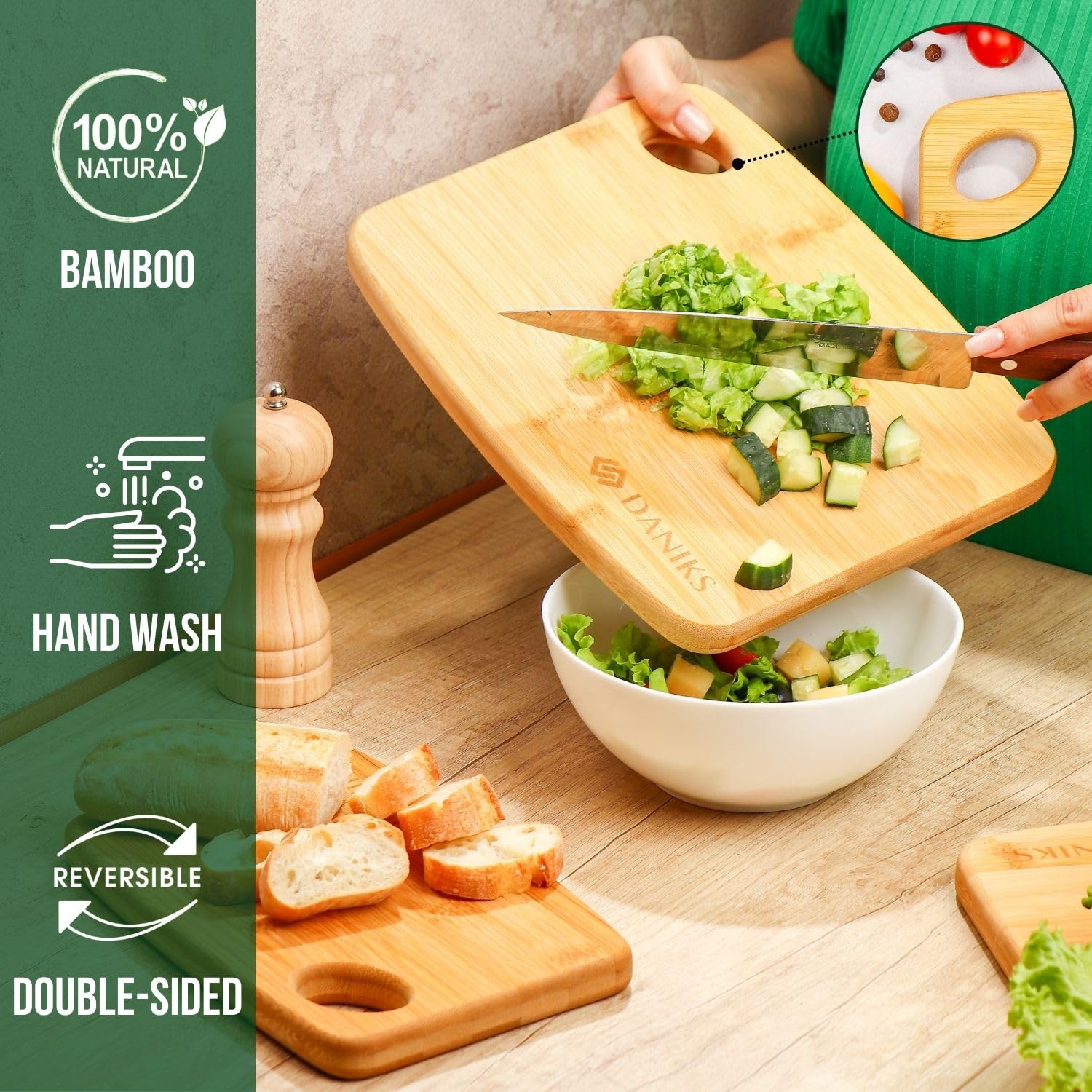 Daniks 100% Organic Bamboo Cutting Board for Kitchen | Heavy Duty Wood Chopping Board | Extra-Thick Cutting Board for Serving, Meat and Veggies | 11x9"