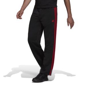 adidas men's essentials warm-up open hem 3-stripes tracksuit bottoms, black/scarlet, medium/31" inseam