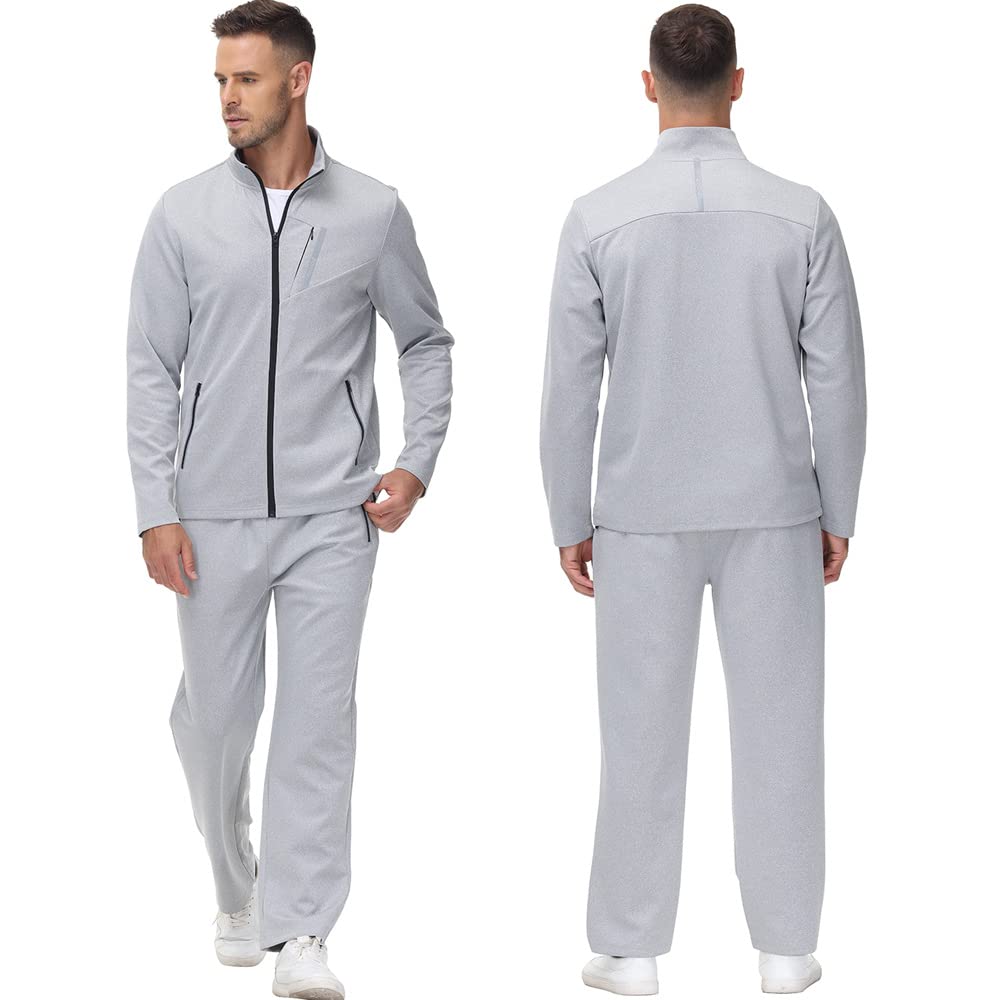 MoFiz Men's Tracksuits,Full Zip Sweat Suits For men,Solid Jogger Sets Active Jackets and Pants 2 Piece Sport Suit For Men's Outfits Light Gray L