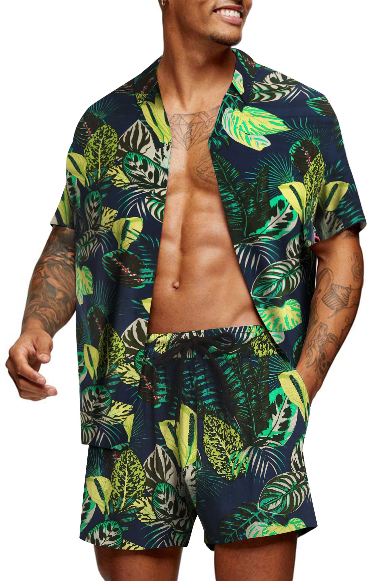 COOFANDY Men's Floral Pattern 2 Piece Summer Beach Short Sleeve Tracksuits