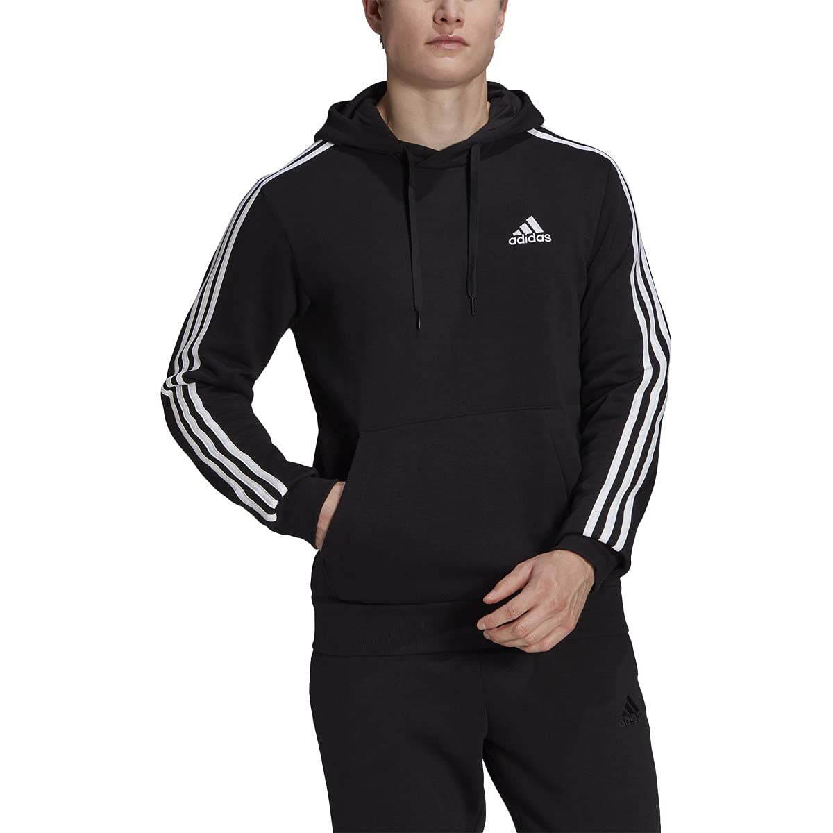 adidas Men's Standard Essentials Fleece 3-Stripes Hoodie, Black/White, X-Large