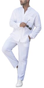 rpovig linen shirt sets outfits:men's 2 pieces henley shirts long sleeve loose yoga pants beach clothing white