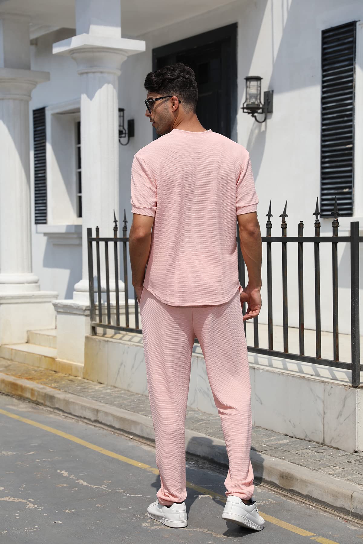 FZNHQL 2023 Men's Sports Clothing Casual Tracksuit Set 2 Piece Outfits Polo Shirt Athletic Pants Track Suit for Men Fashion Sweatsuit Set Pink XL