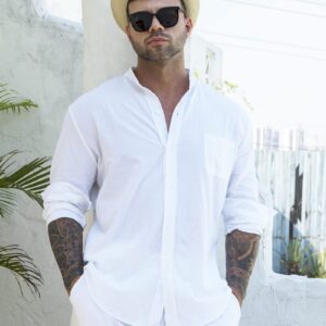 RPOVIG Linen Shirt Sets Outfits:Men's 2 Pieces Henley Shirts Long Sleeve Loose Yoga Pants Beach Clothing White